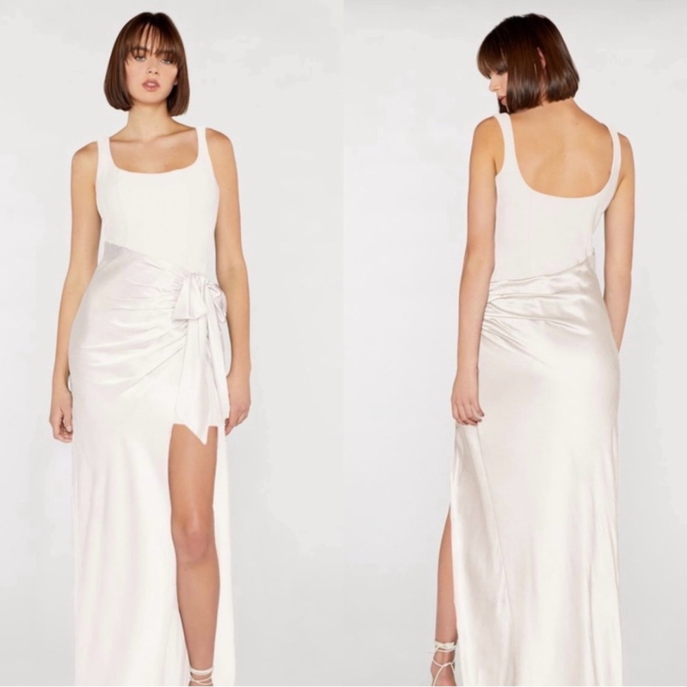 NEW Mable Draped‎ Ivory White Gown Slit Sz Medium